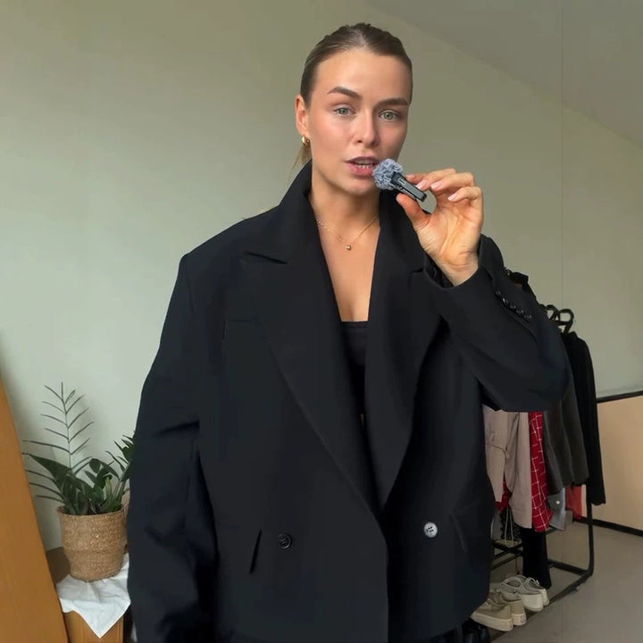 Women Asymmetric Cropped Boxy Jacket with High Stand Collar and Structured Shoulder Area Mune Fashion