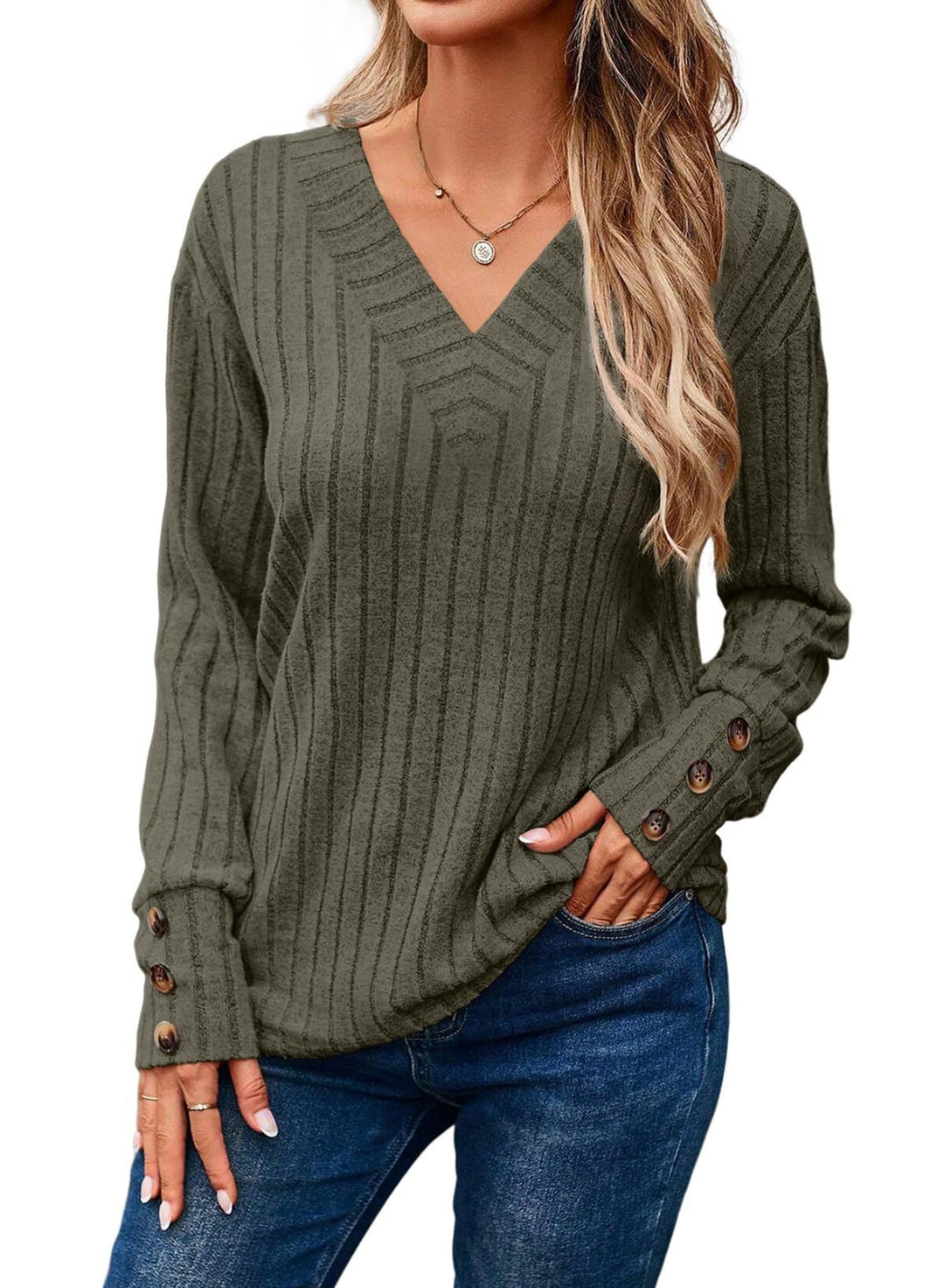 Women's Ribbed V-Neck Knit Sweater with Button Cuffs Mune Fashion