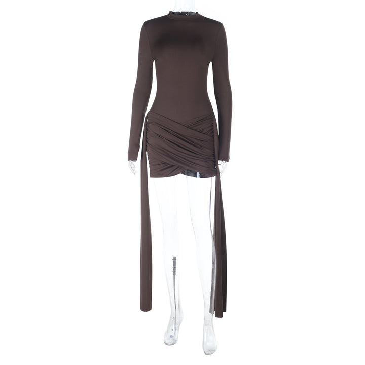Women's Long-Sleeved Wrap Mini Dress with Draping and Side Slits Mune Fashion
