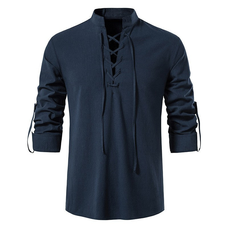 Men's casual lace-up shirt with stand-up collar, linen-cotton blend and roll-up sleeve tabs Mune Fashion