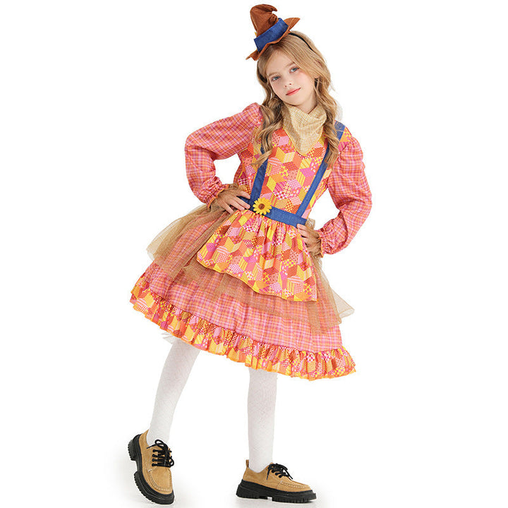 Girl Scarecrow Costume with Colorful Checkered Pattern and Stiff Hat Mune Fashion