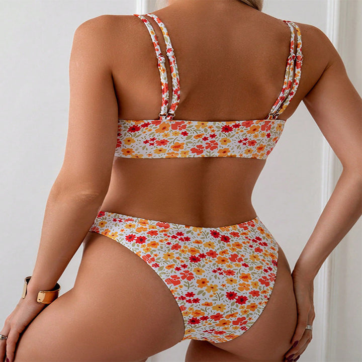 Women Triangle Bikini Set with adjustable drawstring and floral details Mune Fashion