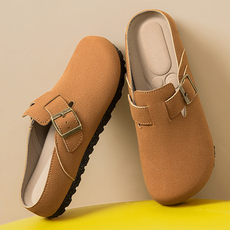 Women's comfortable nubuck slipper clog with adjustable brass buckle and ergonomic memory footbed Mune Fashion