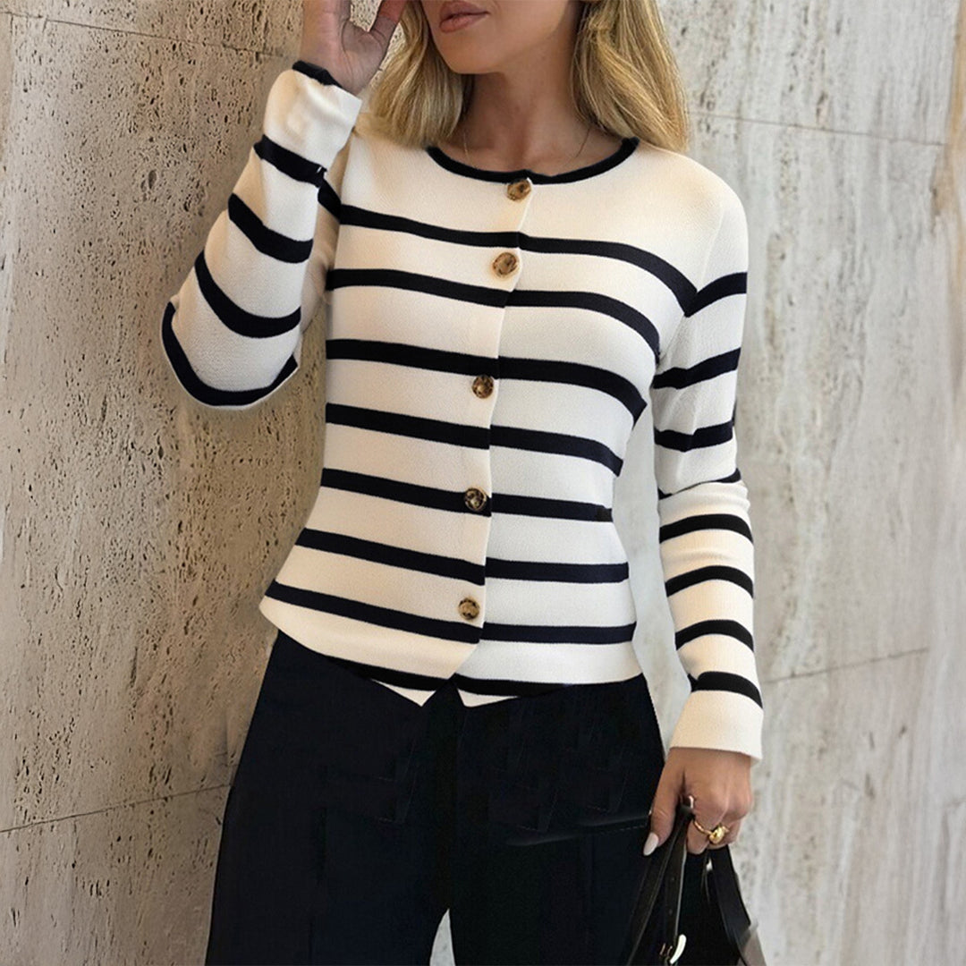 Women's striped fine knit cardigan with round neck, fitted silhouette, and decorative buttons Mune Fashion