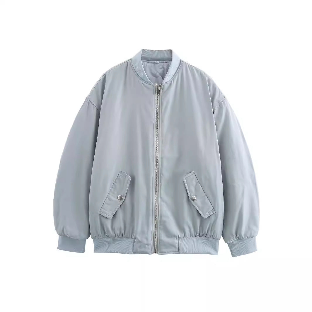 Ladies oversized bomber jacket with stand-up collar, zipper and snap button pockets Mune Fashion