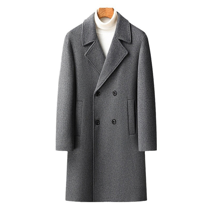 Men's Elegant Long Double-Breasted Wool Blend Overcoat with Notched Lapel Mune Fashion