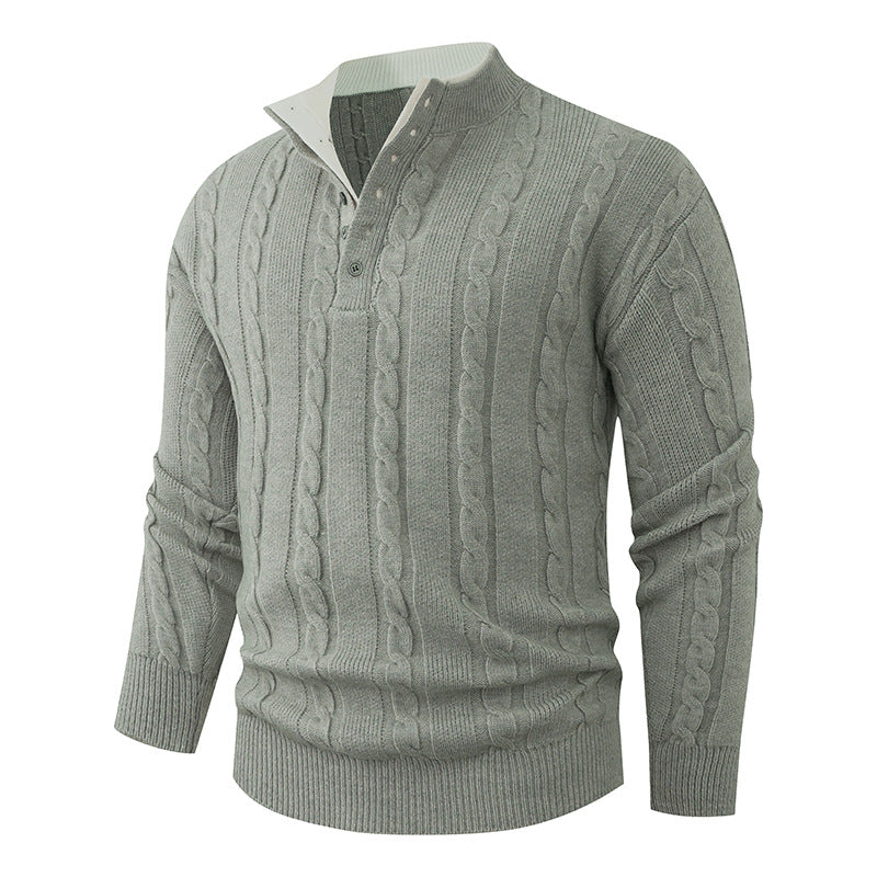Men's Structured Cable Knit Sweater with Button Placket and Stand Collar Mune Fashion