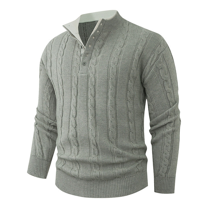Men's Structured Cable Knit Sweater with Button Placket and Stand Collar Mune Fashion
