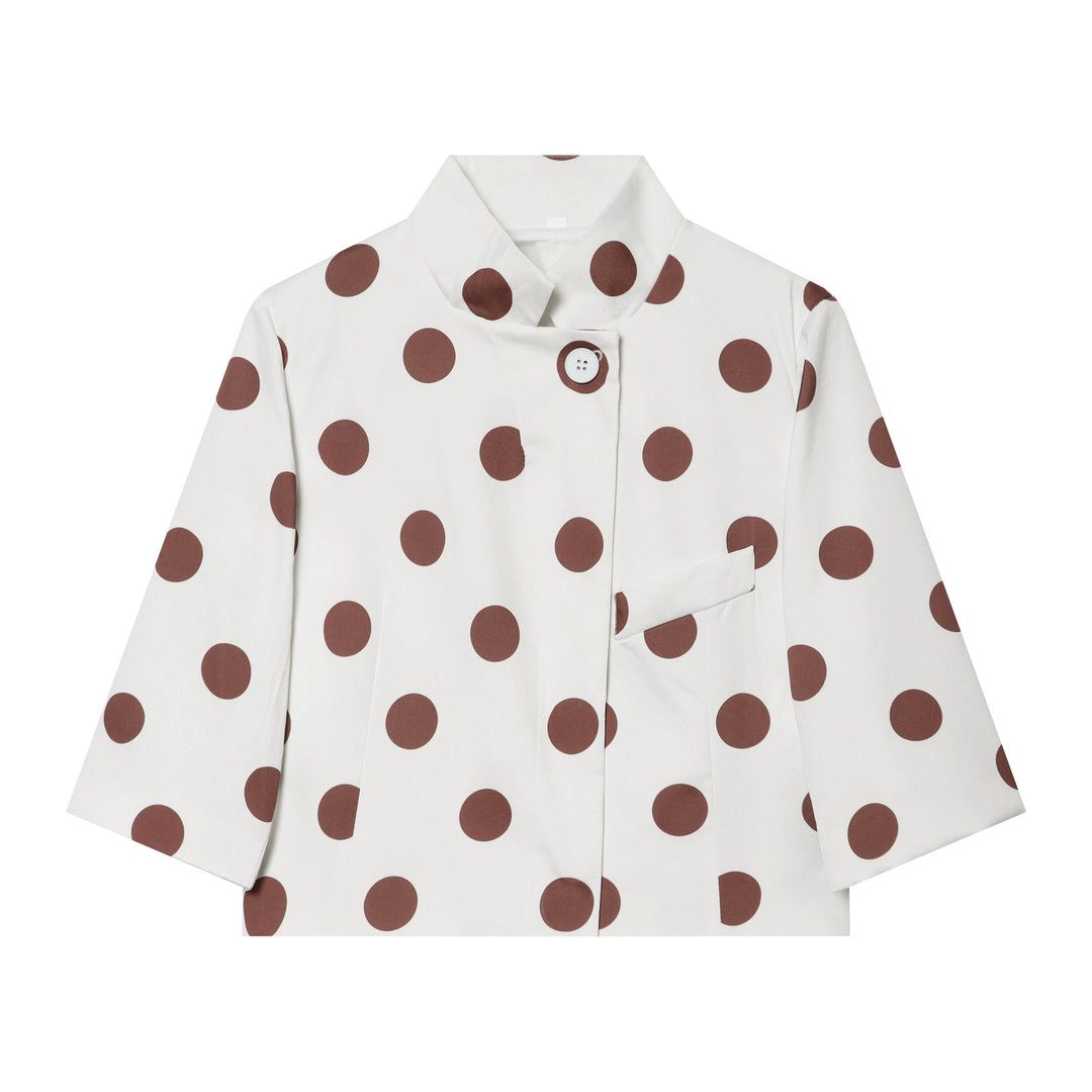 Women Polka Dot Cropped Boxy Jacket with Stand Collar and Three-Quarter Sleeves Mune Fashion