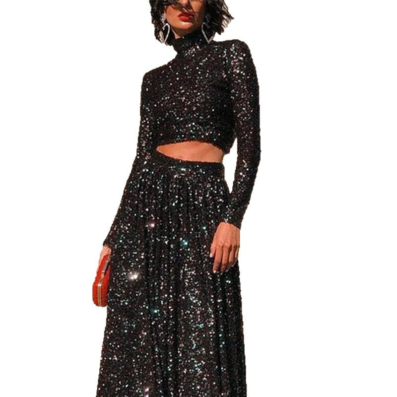 Women two-piece sequin evening set with high-neck crop top and flowing maxi skirt Mune Fashion