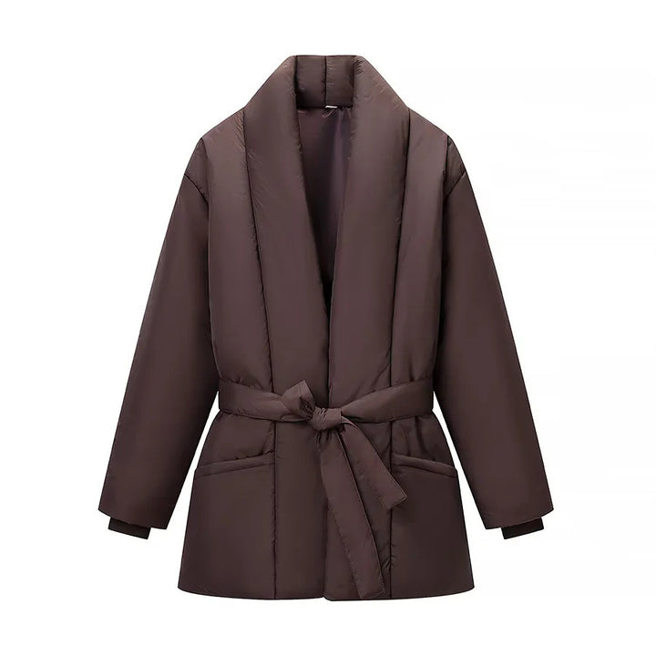Women's nano quilted jacket with shawl collar, tie belt, and patch pockets Mune Fashion