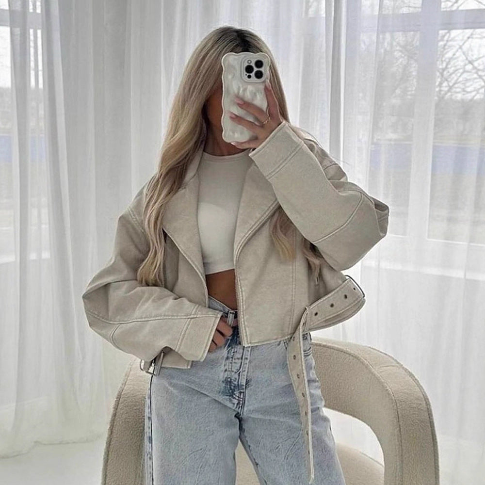 Women Short-Cut Biker Jacket Made of Faux Leather with Waist Belt Mune Fashion