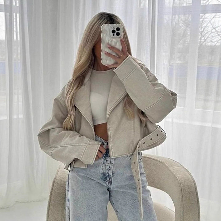 Women Short-Cut Biker Jacket Made of Faux Leather with Waist Belt Mune Fashion