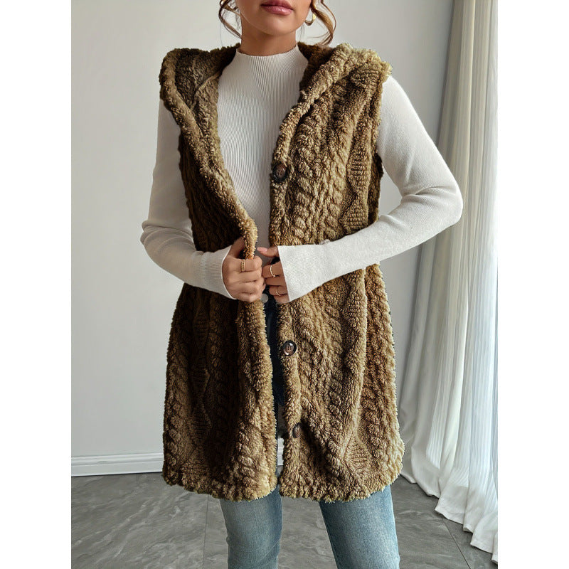 Women's Hooded Teddy Vest with Structured Cable Knit Pattern and Decorative Button Placket Mune Fashion