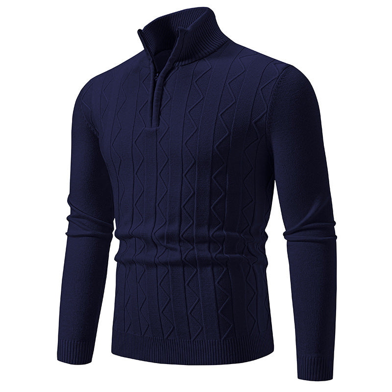 Men Slim-Fit Half-Zip Knit Sweater with Mock Neck, Cable Knit Pattern and Ribbed Cuffs Mune Fashion