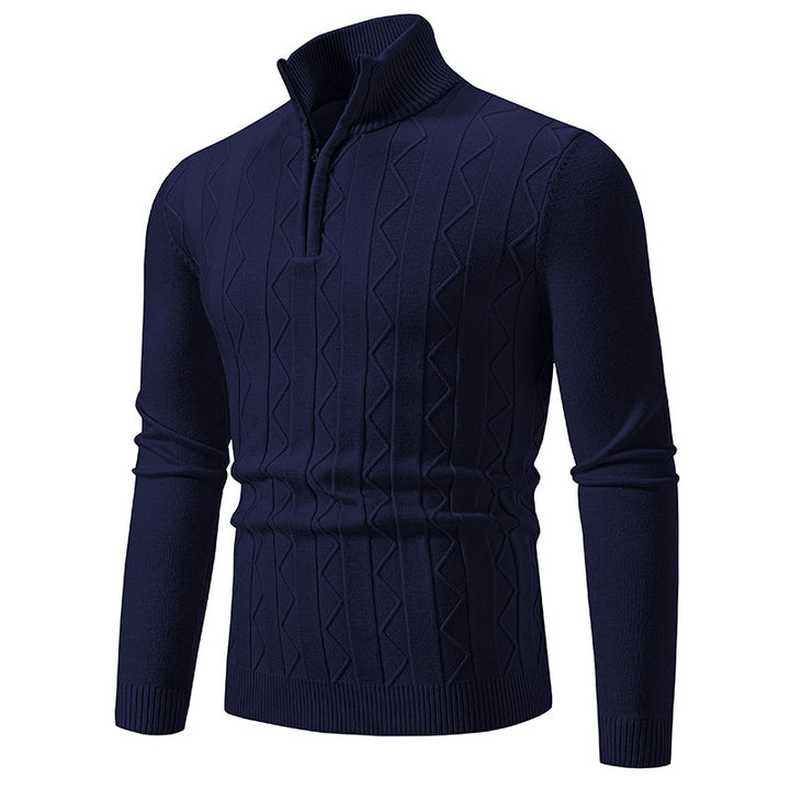 Men Slim-Fit Half-Zip Knit Sweater with Mock Neck, Cable Knit Pattern and Ribbed Cuffs Mune Fashion