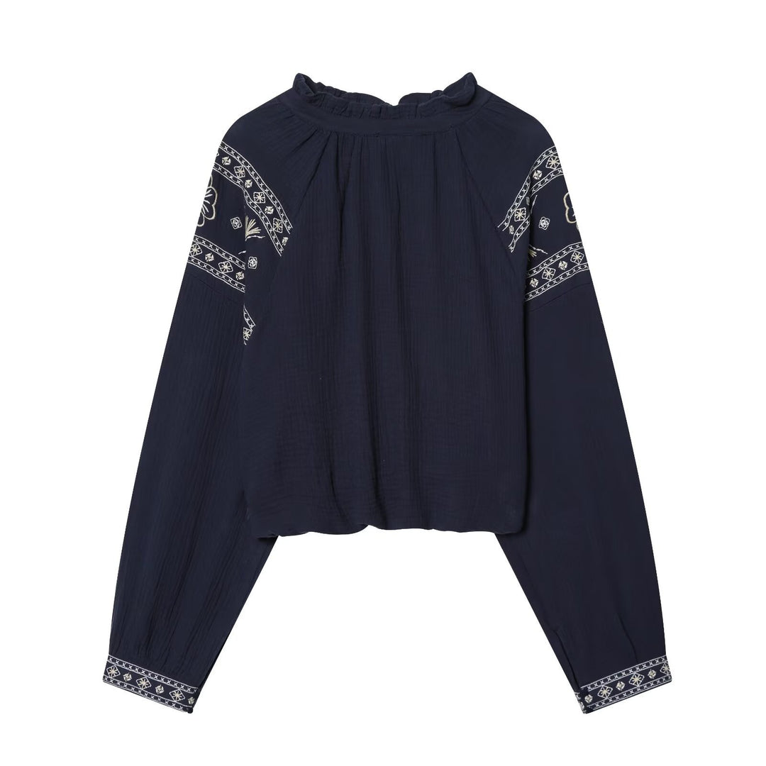 Women nan embroidered Boho blouse with gathered stand collar, balloon sleeves, and short hem Mune Fashion