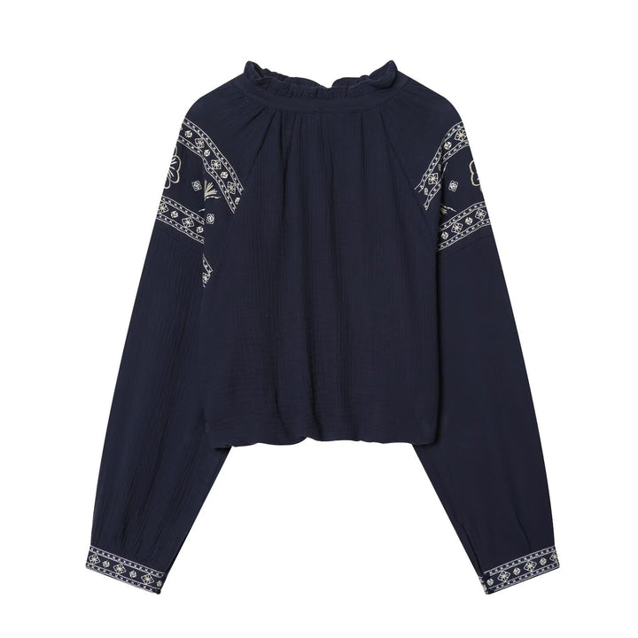 Women nan embroidered Boho blouse with gathered stand collar, balloon sleeves, and short hem Mune Fashion