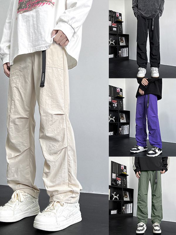 Men's Loose Fit Nylon Cargo Pants with Utility Webbing and Straight Leg Mune Fashion