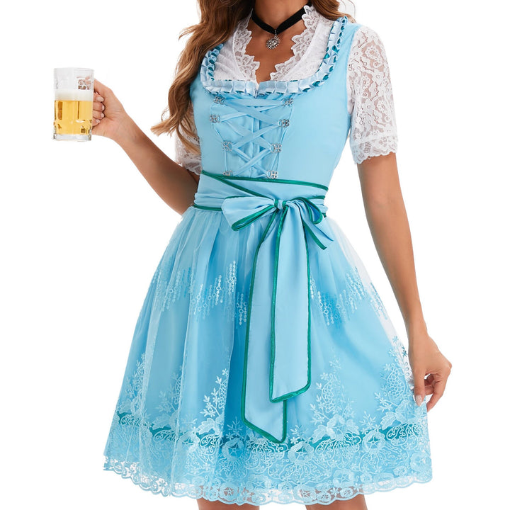 Women's short country style dirndl with embroidered tulle apron, gathered bodice and puff sleeves Mune Fashion