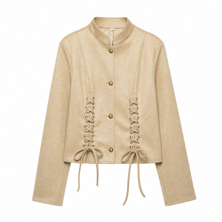 Women's suede short jacket with lacing and standing collar Drune