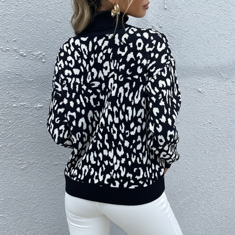 Women's Oversize Fine Knit Sweater with Leopard Jacquard and Stand-Up Collar Mune Fashion