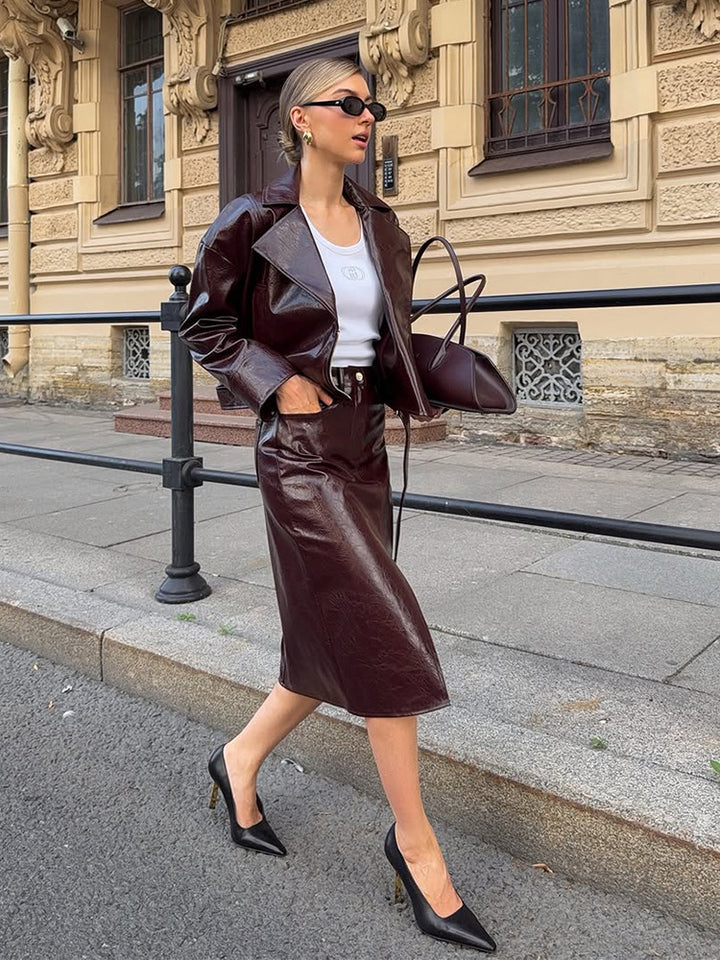 Women's Patent Leather Biker Jacket with Oversized Lapels, Boxy Cut & Visible Zipper Mune Fashion