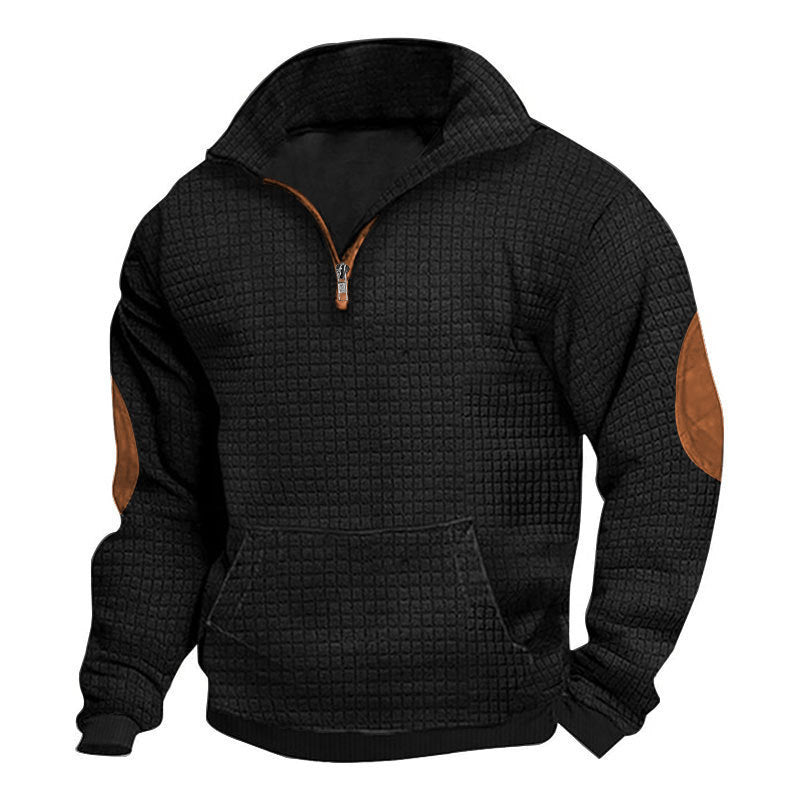 Men's thermo-regulating waffle knit half-zip pullover with kangaroo pocket and faux leather elbow patches Mune Fashion