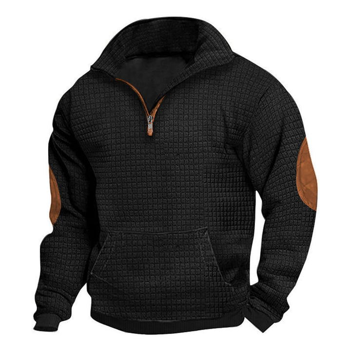 Men's thermo-regulating waffle knit half-zip pullover with kangaroo pocket and faux leather elbow patches Mune Fashion