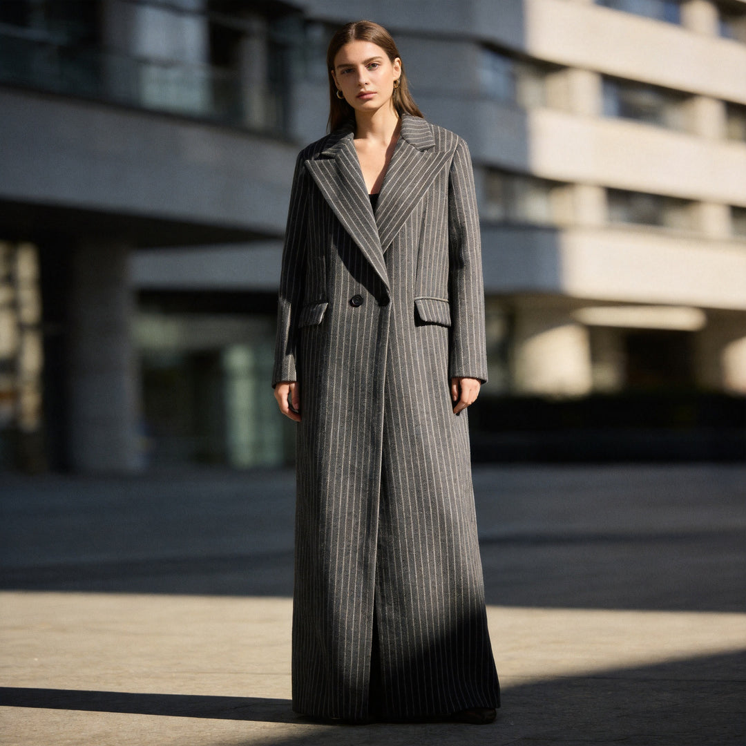 Ladies Longline Coat with Pinstripes and Double-Breasted Button Placket Mune Fashion