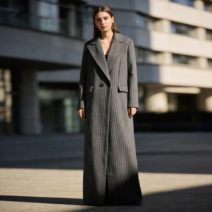 Ladies Longline Coat with Pinstripes and Double-Breasted Button Placket Mune Fashion