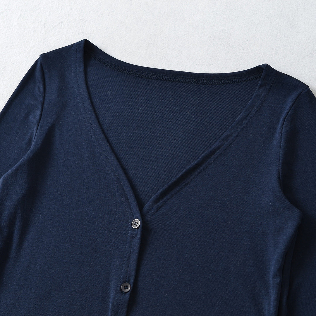 Women Cropped Jersey Cardigan with Deep V-Neck and Narrow Button Placket Mune Fashion