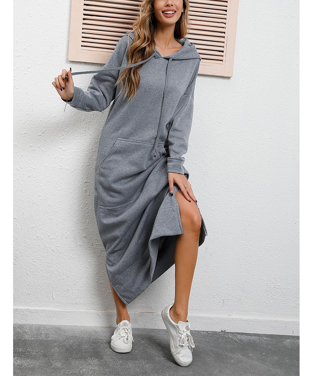 Women's long hooded sweat dress with kangaroo pocket, side slits and loose oversized fit Mune Fashion