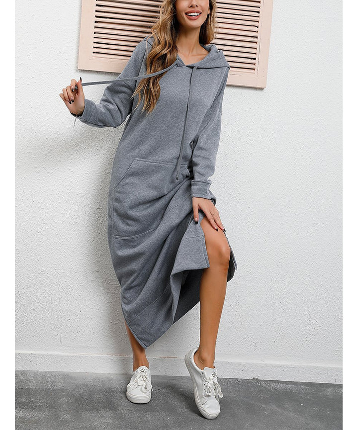 Women's long hooded sweat dress with kangaroo pocket, side slits and loose oversized fit Mune Fashion