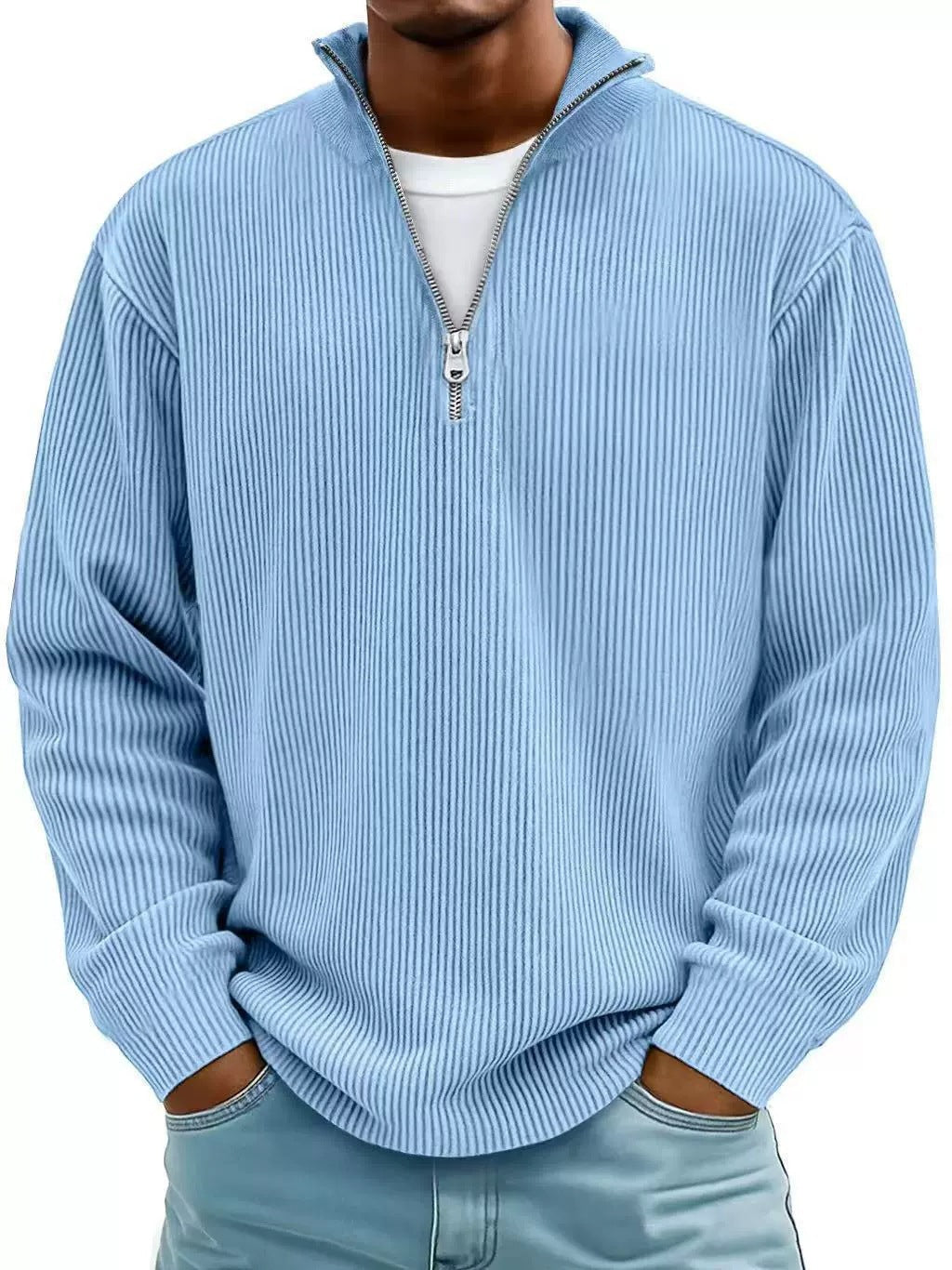 Men's ribbed knit pullover with half-zip and stand-up collar Mune Fashion