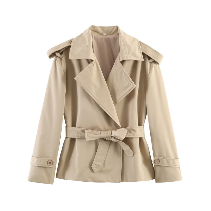 Women short trench coat with waist belt, double-breasted front and shoulder flaps Mune Fashion