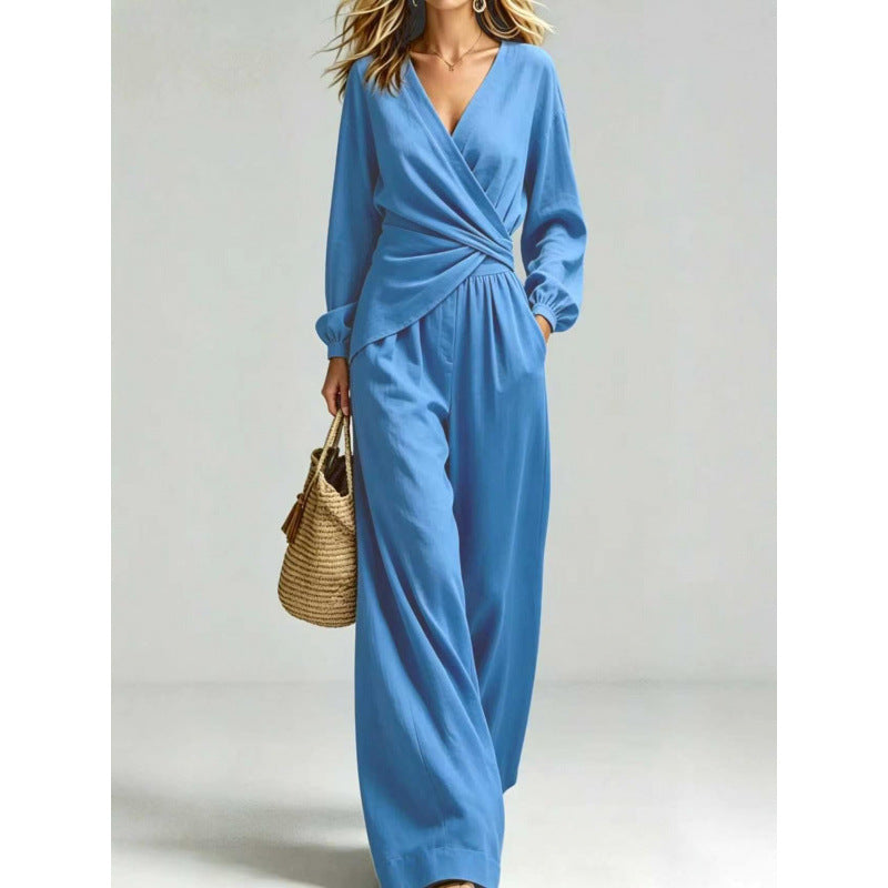 Women's Wrap Jumpsuit with Wide Leg and V-Neck Mune Fashion
