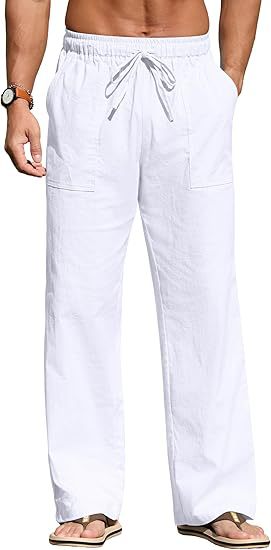 Men's lightweight linen pants with elastic waistband, drawstring, and patch pockets Mune Fashion