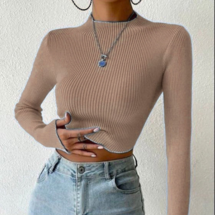 Women's Ribbed Cropped Fine Knit Sweater with Stand-Up Collar Mune Fashion