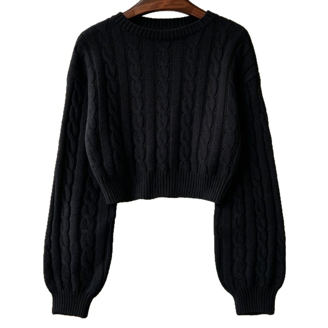 Women Cropped Cable Knit Sweater with Boxy Silhouette and Balloon Sleeves Mune Fashion