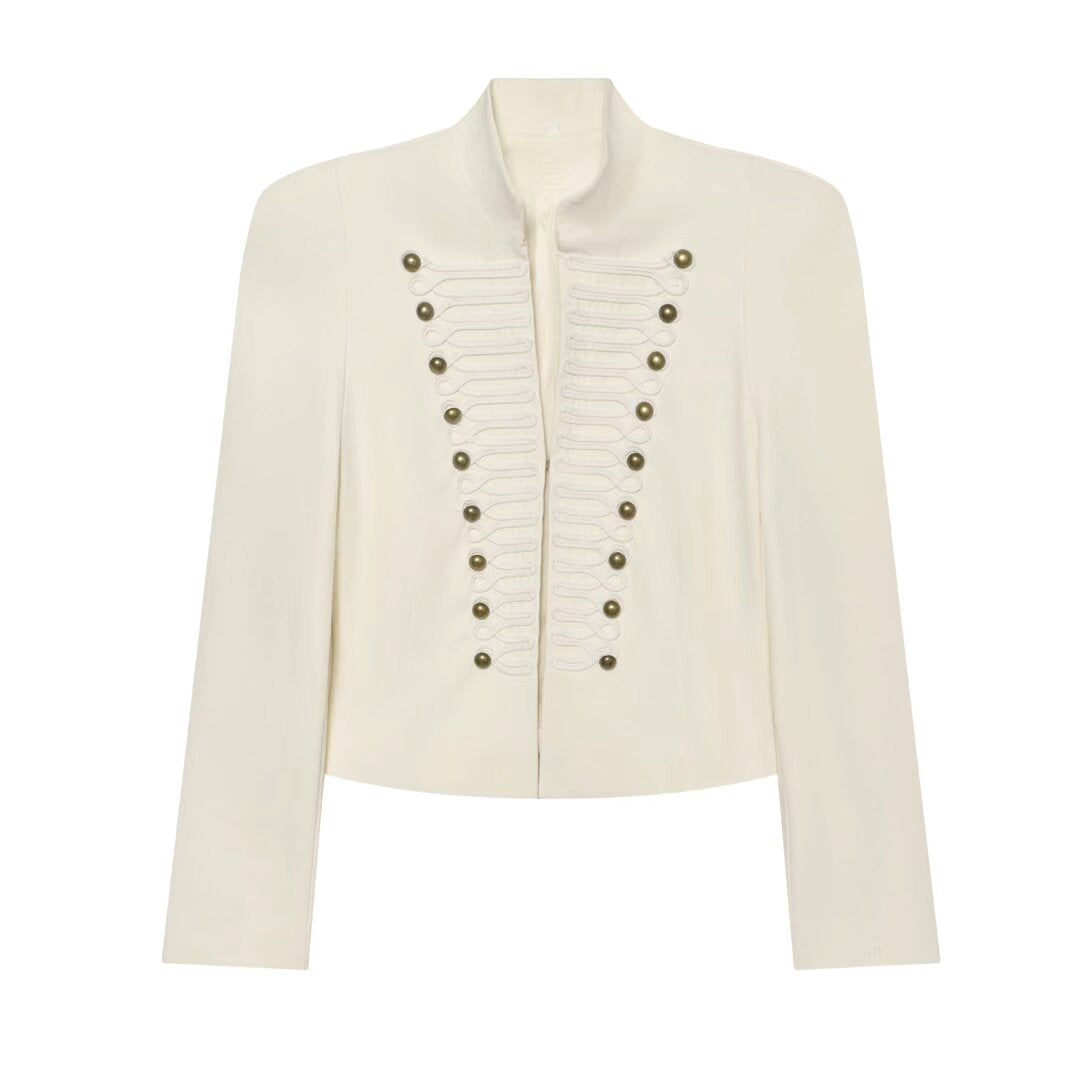Women's short blazer in hussar style with stand-up collar and decorative galloon details Mune Fashion