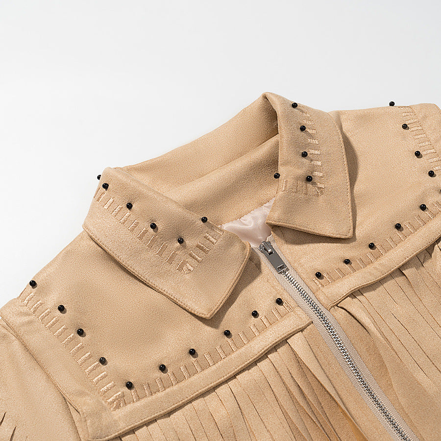 Women's Short Fringe Suede Jacket in Western Style with Studded Accents and Front Zipper Mune Fashion