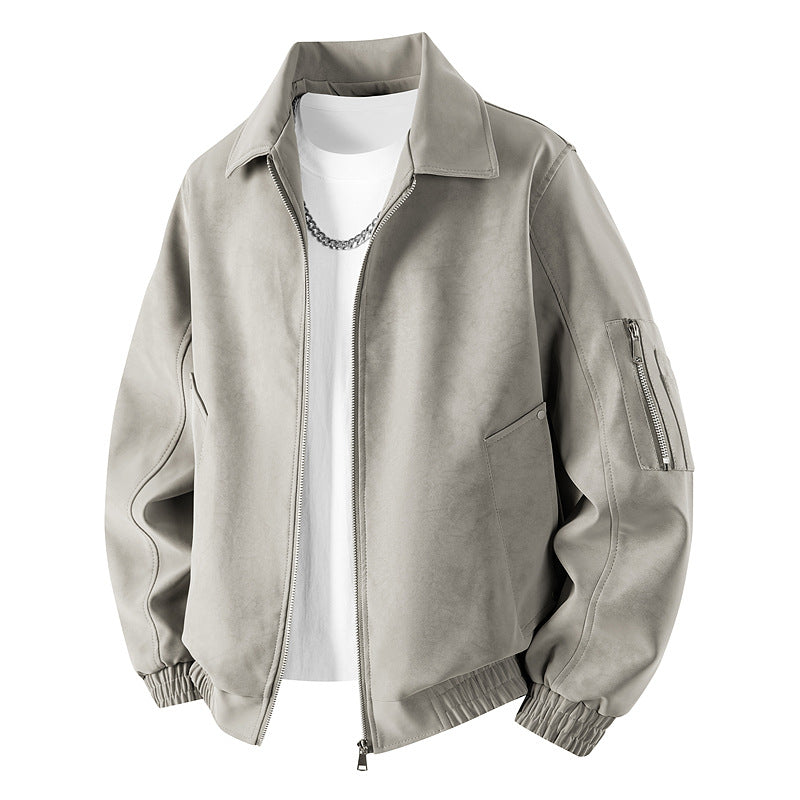 Men's Velour Leather Look Oversized Bomber Jacket with Utility Arm Pocket & Flap Pockets Mune Fashion