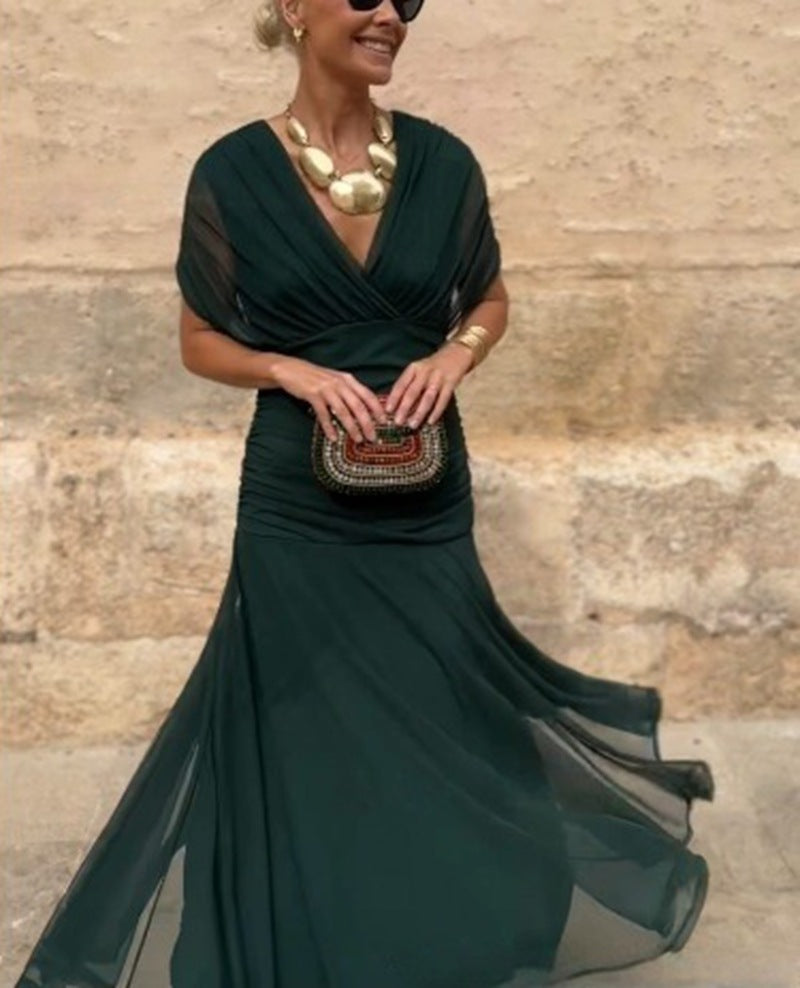 Ladies elegant floor-length evening dress with draped shoulder area and airy chiffon skirt Mune Fashion