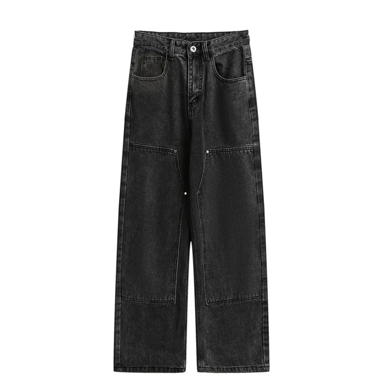 Women's Wide Utility Denim Trousers with Knee Patch, High Waist and Straight Leg Mune Fashion