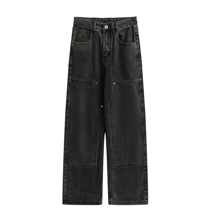 Women's Wide Utility Denim Trousers with Knee Patch, High Waist and Straight Leg Mune Fashion