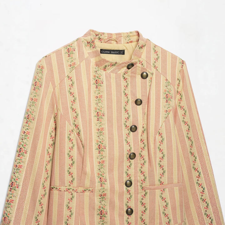Women's short blouson jacket in vintage stripe pattern with asymmetrical button placket Drune