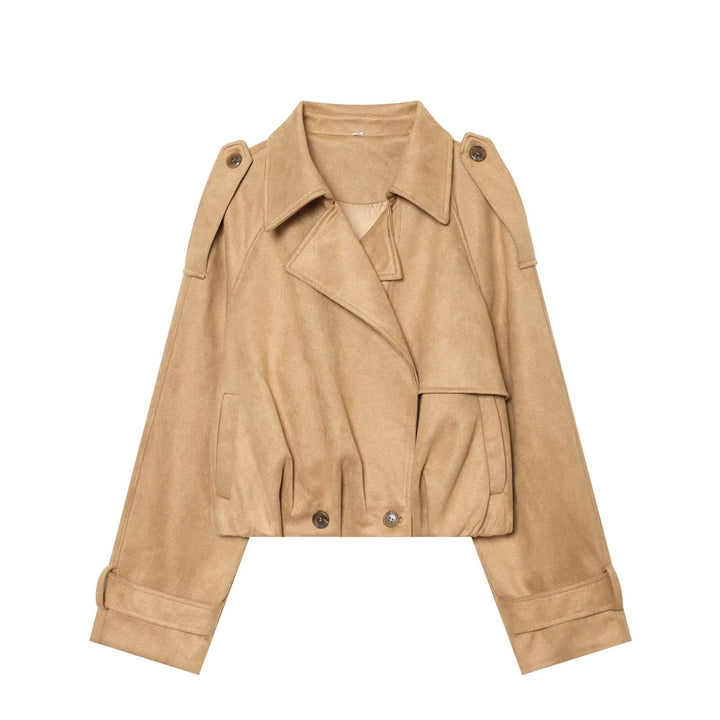 Women Short Cut Trench Jacket in Suede Look with Epaulettes and Buckle Cuffs Mune Fashion