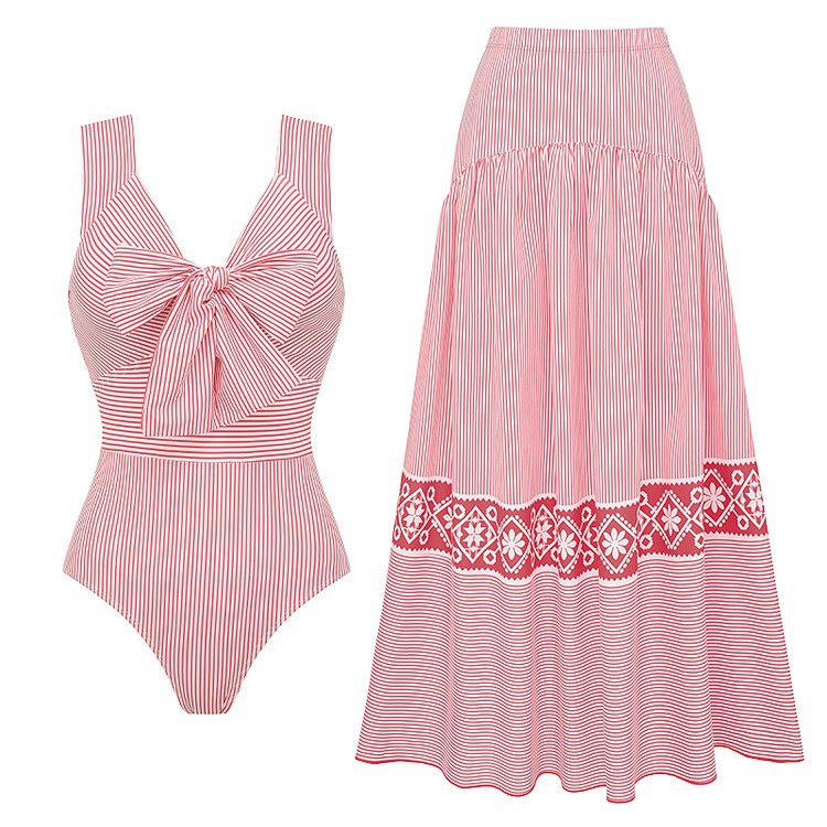 Women's Striped Bikini Set with Elegant Wrap Blouse and Fashionable Skirt Mune Fashion