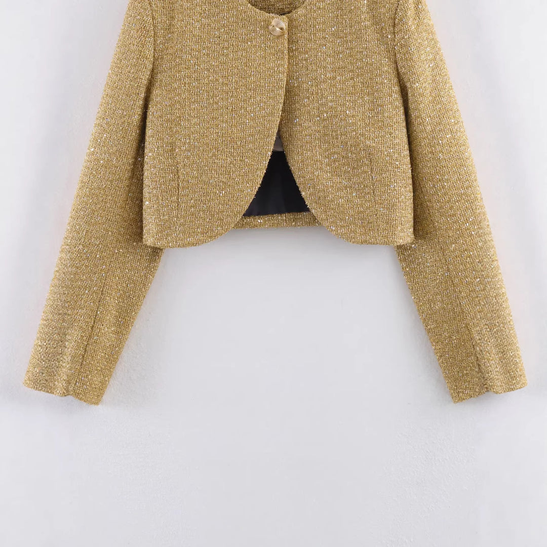 Women's Short Boucle Blazer Jacket with Round Neck and Decorative Button Mune Fashion